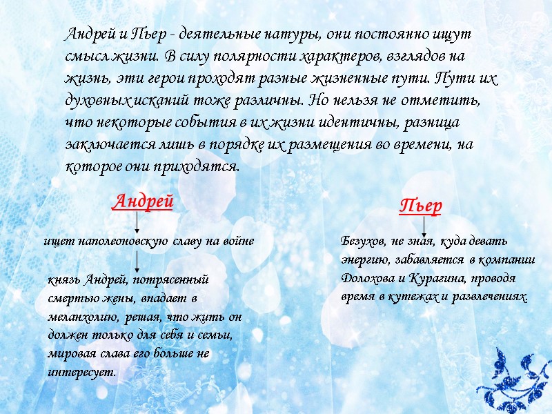 Андрей и Пьер - деятельные натуры, они постоянно ищут смысл жизни. В силу полярности